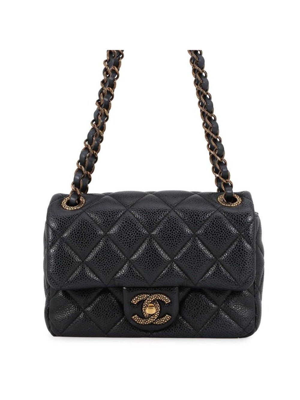 Chanel Chain Shoulder Bag Mini Quilted CC Logo CC Snake Caviar Leather Black